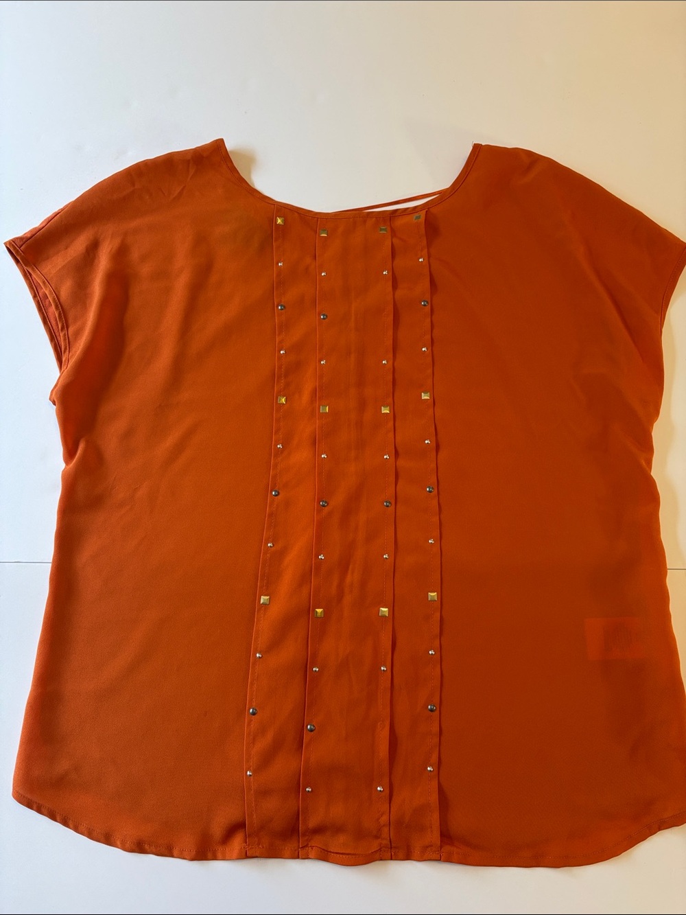 attention Burnt Orange Short-Sleeve Blouse with Center Stud Panel